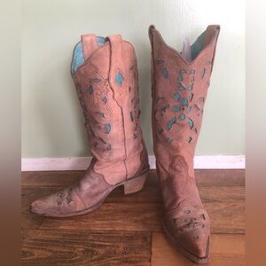 Corral Vintage Cowboy Boots Womens Sz 7 Snip Toe Brown Blue #74683 Cowgirl Rodeo